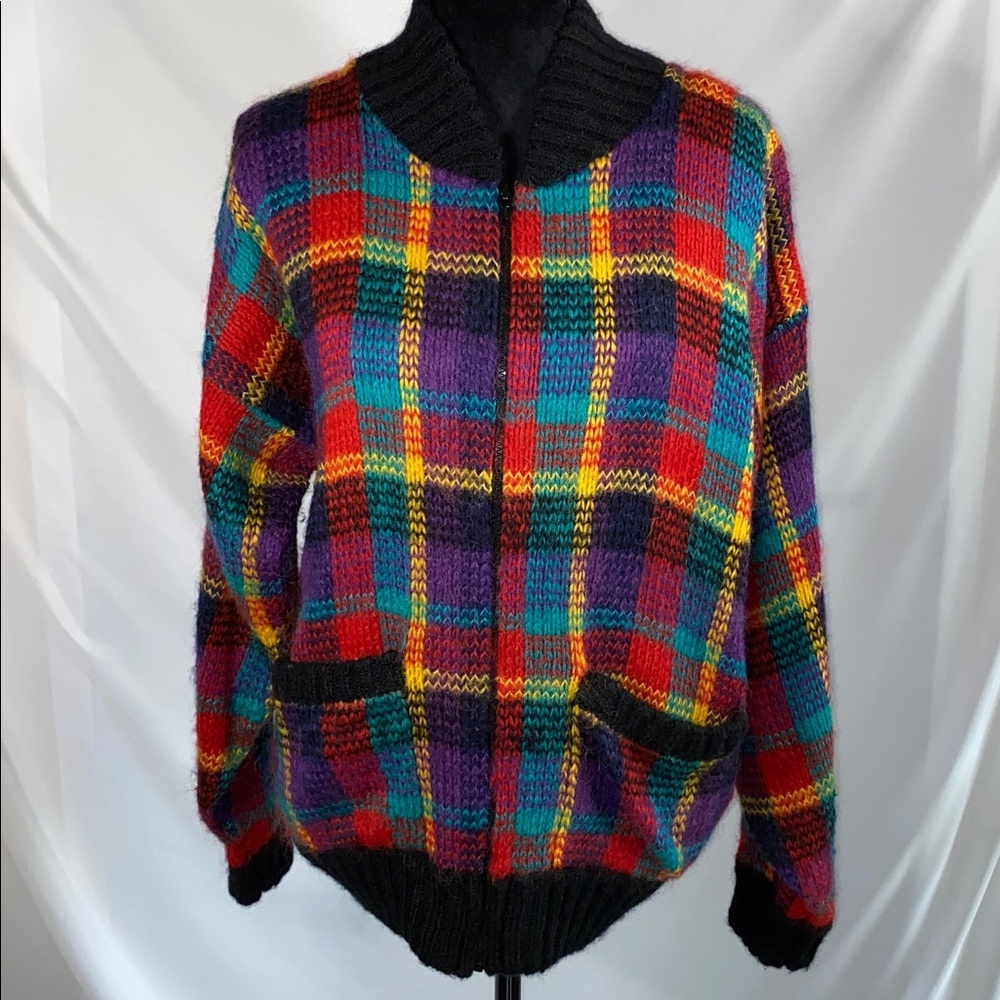 Vintage Lindsey Blake Tartan Plaid Colorful Womens Zip Sweater Medium